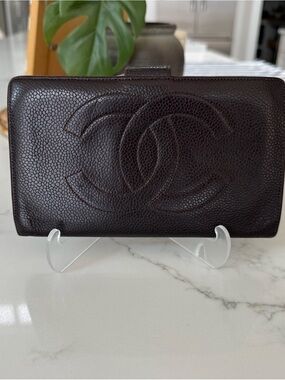 CHANEL Dark Brown Quilted Caviar Leather Wallet with CC Logo